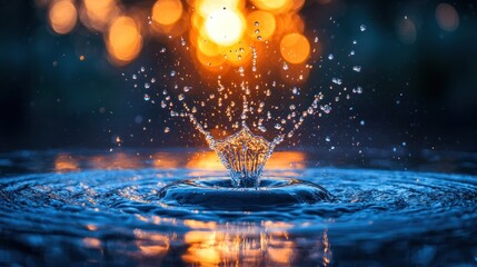 Fototapeta premium Water Droplet Splashing into Still Water with a Blurred Background of Bokeh Lights