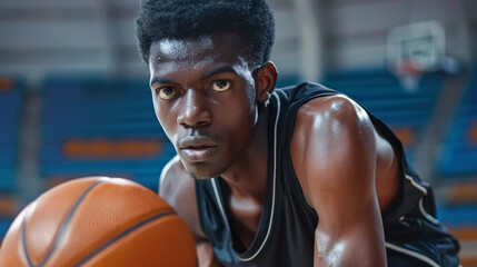 Afro American male basketball player holding a ball.