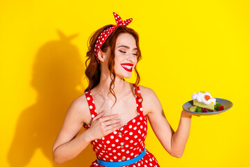 Photo of lovely pretty positive lady wear red trendy clothes delicious dessert isolated on yellow color background