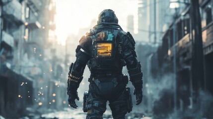 Futuristic Soldier in a Ruined City - Cyberpunk Art