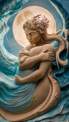 Artistic sand sculpture representing the Cancer zodiac sign, featuring a nurturing mother cradling her child under the full moon with ocean waves, symbolizing maternal love and emotional connection