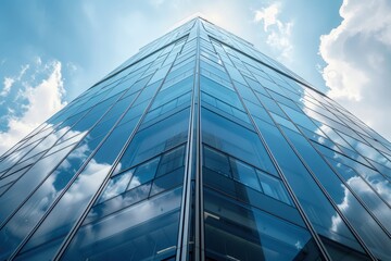 Fototapeta premium Modern Energy-Efficient High-Rise Building in Busy Downtown Area with Reflective Glass Facade