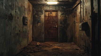 Forgotten Industrial Corridor: A Rusty Door in a Dark and Crumbling Building