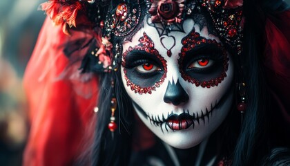 Halloween Beauty Portrait of Woman with Skull Makeup and Flowers in Hair