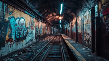 Graffiti-Covered Tunnel: Abandoned Railway Tracks