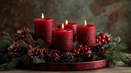 Red Candles in a Christmas Centerpiece with Pine Branches and Berries