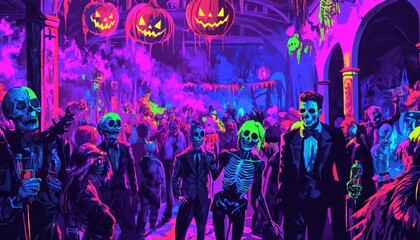 Fototapeta premium Halloween Party Scene Filled with Costumed People and Neon Lights
