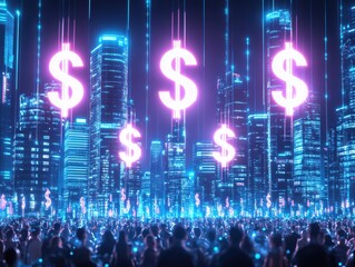 Futuristic city with glowing dollar signs, representing finance, technology, and economic growth in a vibrant digital landscape.