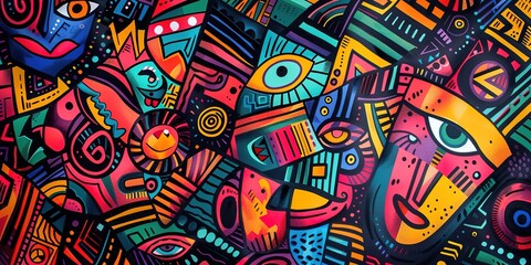 Illustration of colorful different seamless and geometric patterns in neo-primitive expressionism art on abstract background