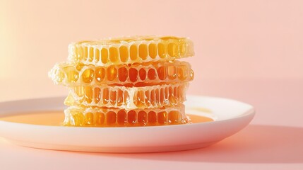 Honeycomb stacked on a plate with golden honey dripping