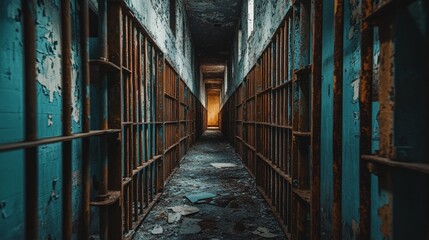 Abandoned Prison Corridor with Rusty Bars