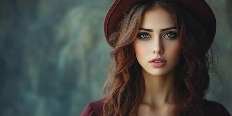 Naklejka premium A contemplative young woman with flowing brown hair and radiant green eyes gazes thoughtfully, adorned in a stylish hat against a softly blurred natural backdrop