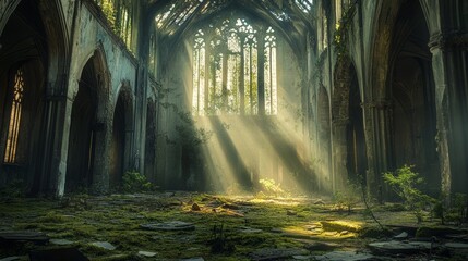 Naklejka premium Sunbeams Through the Ruins of an Abandoned Church