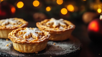 Three Mini Pies Decorated with Powdered Sugar and a Festive Background