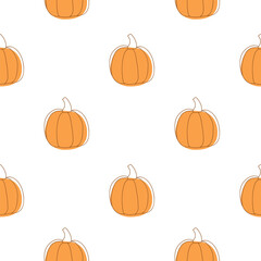 Vector seamless pattern with outline pumpkins in doodle style. Halloween or thanksgiving background and texture.