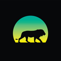 Silhouette of a lion against a striped retro sunset. Original vector illustration in vintage style isolated on light background. T-shirt design.