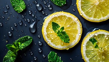 Vibrant lemon halves adorned with water droplets and fresh mint leaves on a dark background,...