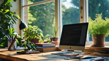 A serene home office scene with a computer surrounded by lush plants, airy sunlight streaming in, inviting productivity