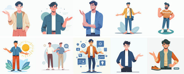 vector set of young men with open hand gestures