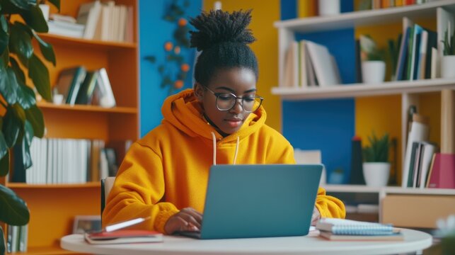 A dedicated student participating in a virtual class through a laptop surrounded by notebooks and stationery in a bright, modern study environment