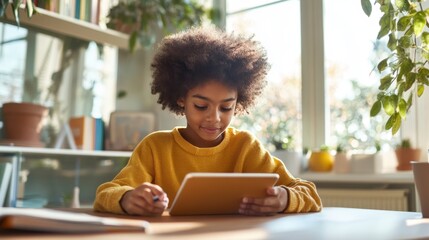 A student actively engaging in an online education session with a tablet in a clean, bright room with a comfortable study setup and ample natural light
