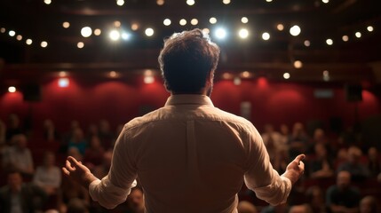 Obraz premium Nervous speaker fidgeting with hands, intense gestures, captivating speech, audience in focus, spotlight emphasizing speaker's emotion
