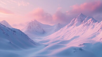Snowy Mountain Range at Sunset with Pink Clouds