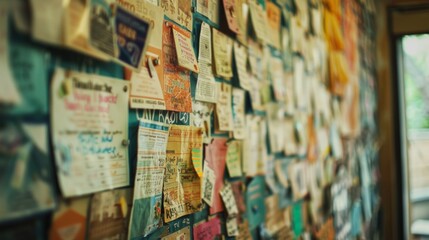 Fototapeta premium A vibrant notice board filled with numerous colorful posters and flyers in an outdoor urban setting.