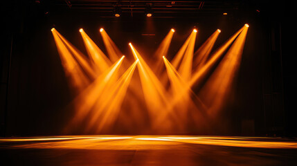 A dramatic stage setup with vibrant orange lights creating a dynamic ambiance, perfect for performances and events.