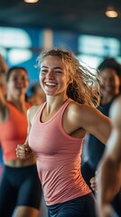 Fototapeta premium Joyful Woman Running in Fitness Class