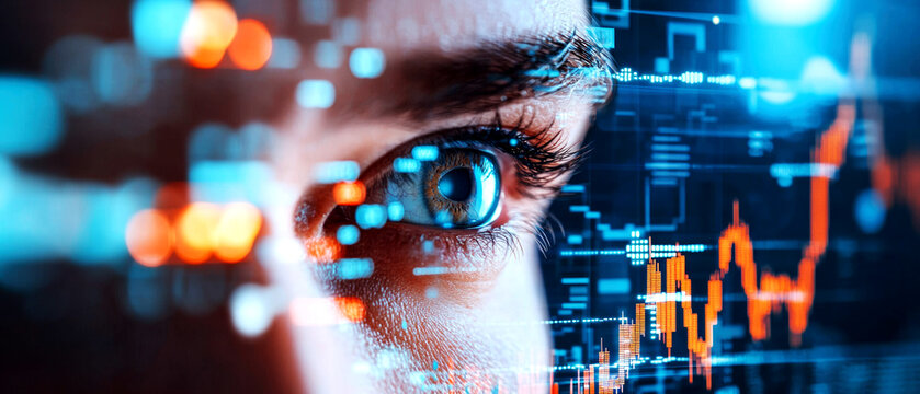Robotic eyes following multiple moving stock graphs, surveillance, AI monitoring financial trends