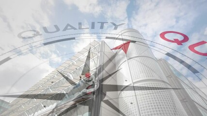 Animation of compass with quality text over city - Powered by Adobe