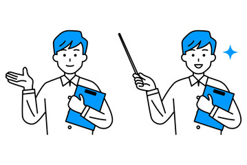 クリップボードを持って説明するカジュアルな男性　セット