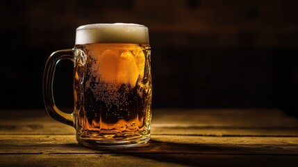 Glass of beer on a wooden table in the background