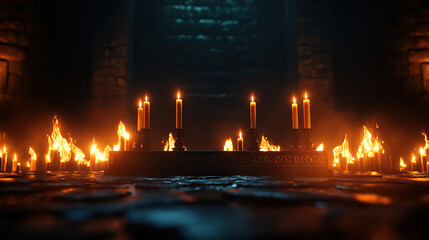 A mystical scene featuring flickering candles surrounded by flames, illuminated by soft light in a dark, atmospheric setting.