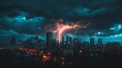 Obraz premium Lightning Strikes City Skyline - Dramatic Night Photography