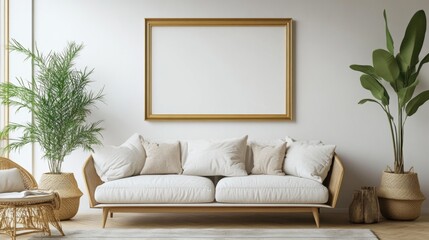 home decor trends, elegant gold picture frame with ornaments on a white wall in a modern living room interior, ideal for a mockup banner template