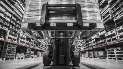 Fototapeta premium Close-up of a forklift lifting a pallet in an industrial warehouse, surrounded by high shelving units filled with goods, emphasizing logistics, storage, and material handling.