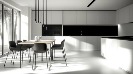 Modern kitchen interior design featuring minimalist dining area with wooden table and black chairs. space is illuminated by natural light, creating serene atmosphere