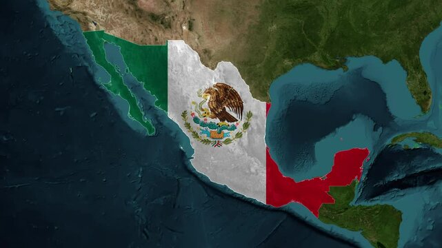 Zoom from Earth to Mexico. (Country Flag) World map animation with highlighted borders of countries. Images from NASA