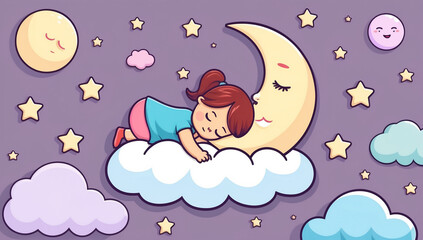 Little cartoon baby sleeping on a cloud, flat design illustration