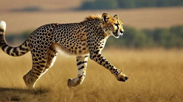 A cheetah gracefully runs through the grassland, showcasing its speed and agility against a vibrant outdoor backdrop