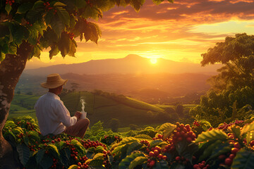 Fototapeta premium Farmer enjoying coffee at sunrise overlooking a lush coffee plantation