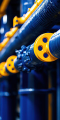 Fototapeta premium Close-up view of industrial pipes with vibrant blue and yellow colors, showcasing modern engineering and high-quality materials.