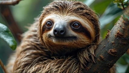 Fototapeta premium A sloth is sitting on a branch in a tree.