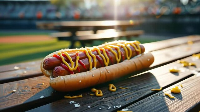 A close up of a delicious hotdog drizzled with mustard and ketchup, set in a vibrant outdoor picnic atmosphere