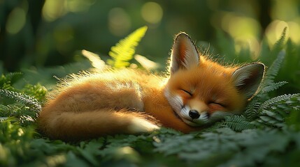 Fototapeta premium A baby fox rests in the grass, back curled and eyes shut