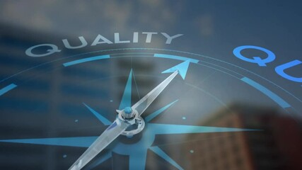 Animation of compass with quality text over city - Powered by Adobe