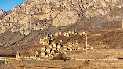 Mountain landscape overlooking the Dargavsky crypt burial ground in Alanya, its second name is the...