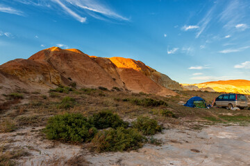Travelers camp in the wild Kazakhstan